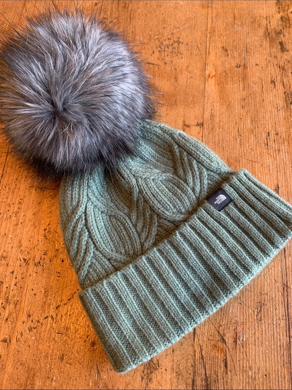 The North Face Kids Sage Green Cable Knit Pom Beanie
